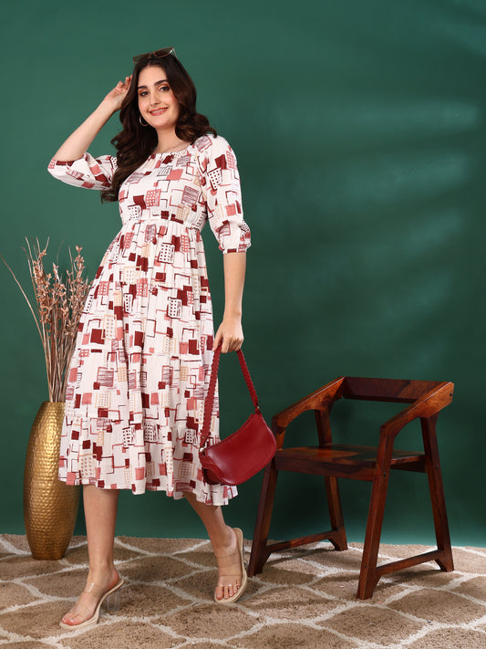 Yash Gallery Women’s Delta Fabric Printed Dress Square Neck, Puff Sleeve, Fit & Flare Midi Dress(White)