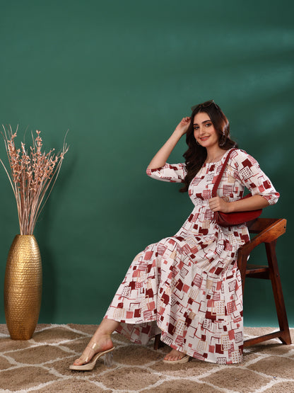 Yash Gallery Women’s Delta Fabric Printed Dress Square Neck, Puff Sleeve, Fit & Flare Midi Dress(White)