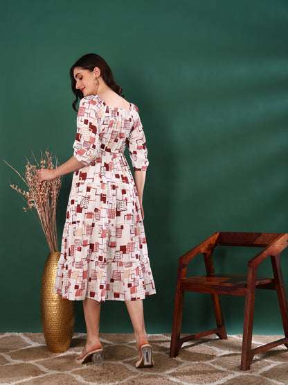 Yash Gallery Women’s Delta Fabric Printed Dress Square Neck, Puff Sleeve, Fit & Flare Midi Dress(White)