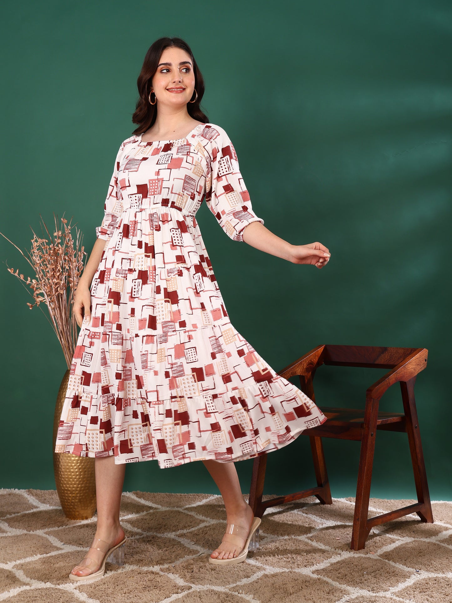 Yash Gallery Women’s Delta Fabric Printed Dress Square Neck, Puff Sleeve, Fit & Flare Midi Dress(White)