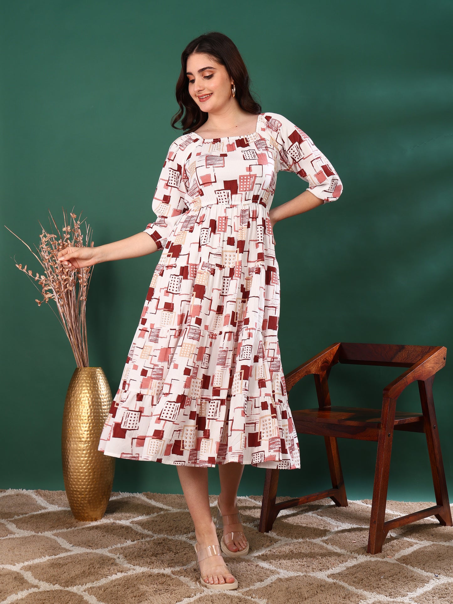 Yash Gallery Women’s Delta Fabric Printed Dress Square Neck, Puff Sleeve, Fit & Flare Midi Dress(White)