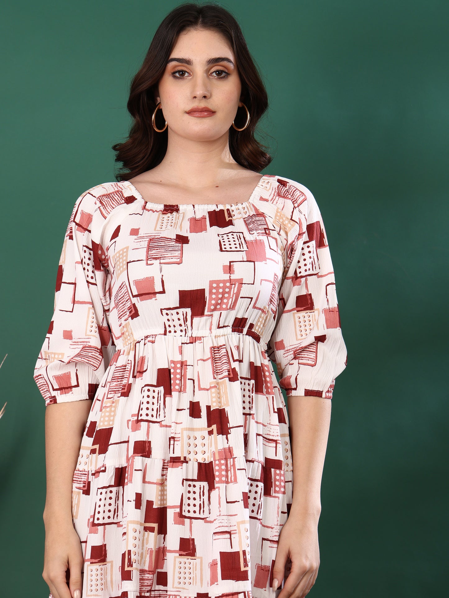 Yash Gallery Women’s Delta Fabric Printed Dress Square Neck, Puff Sleeve, Fit & Flare Midi Dress(White)