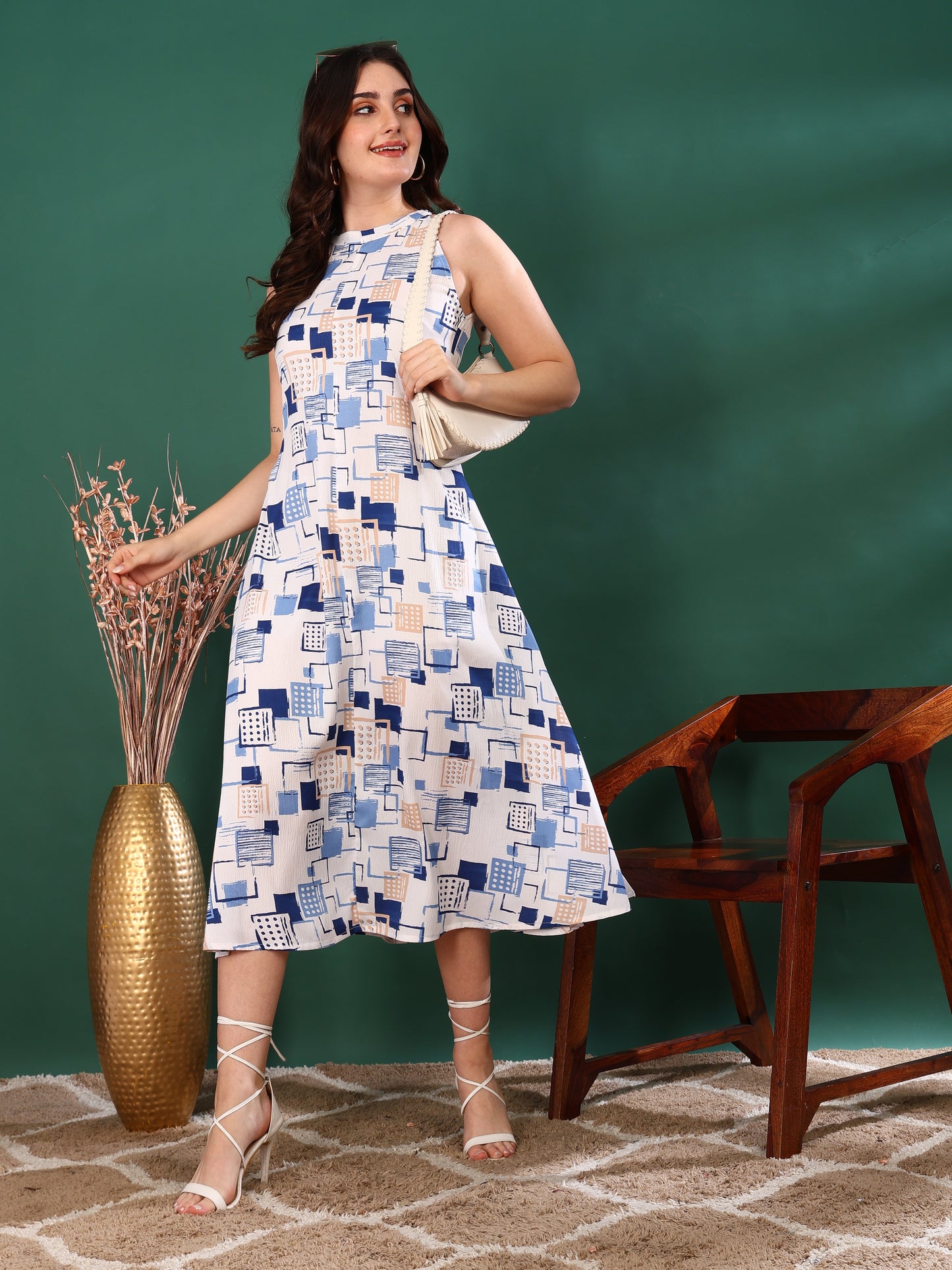 Yash Gallery Women’s Delta Fabric Printed Dress Square Neck, Puff Sleeve, Fit & Flare Midi Dress (Blue)