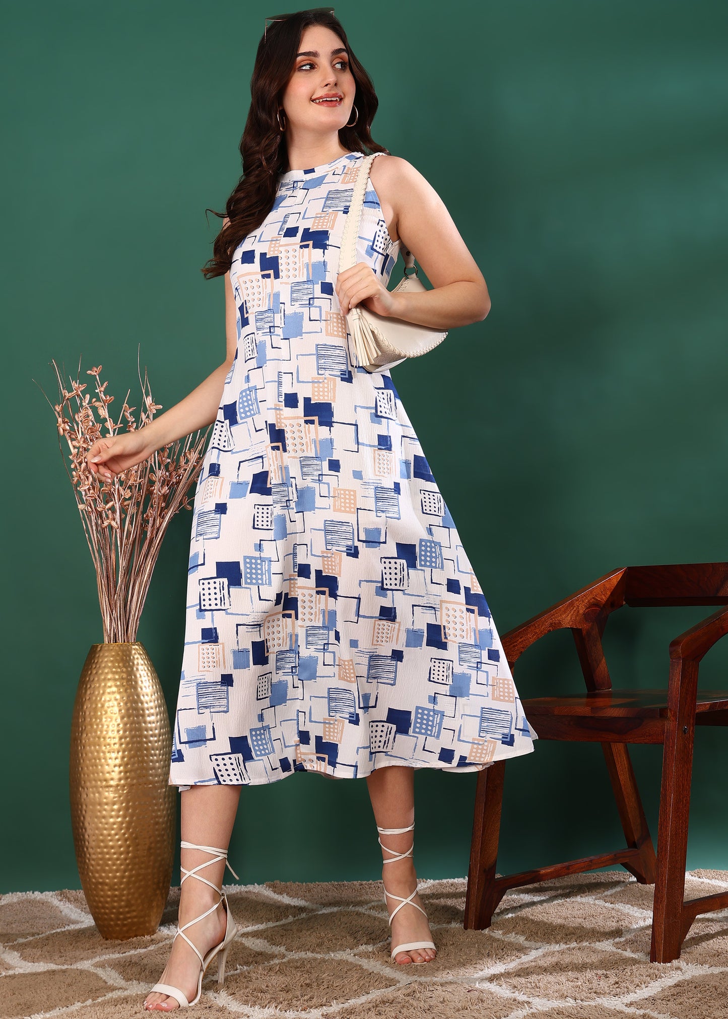 Hot Neck Leaf Print A-line Dress