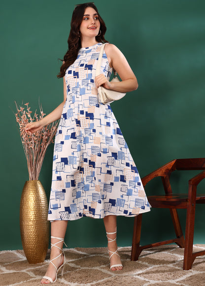 Hot Neck Leaf Print A-line Dress