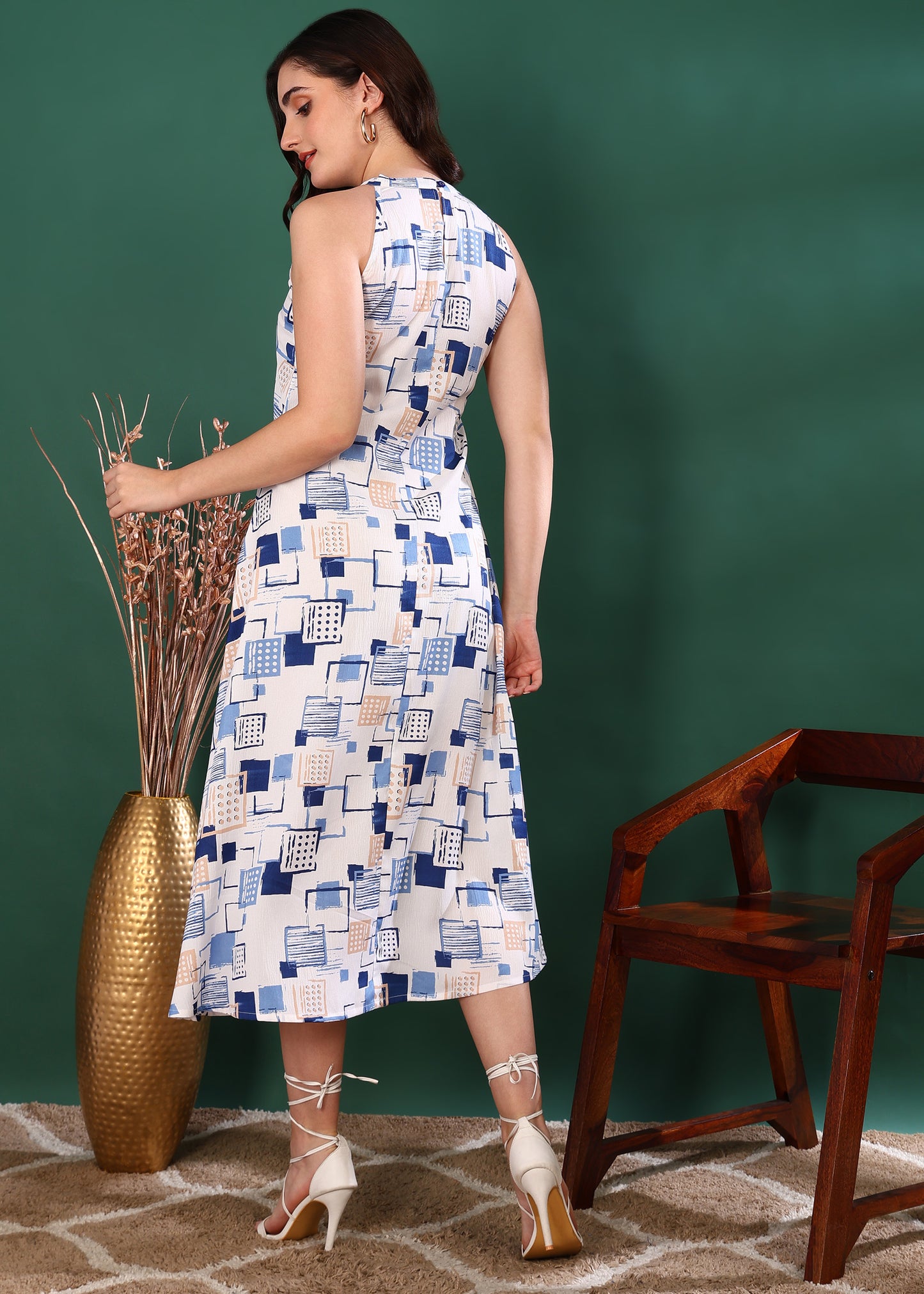 Hot Neck Leaf Print A-line Dress