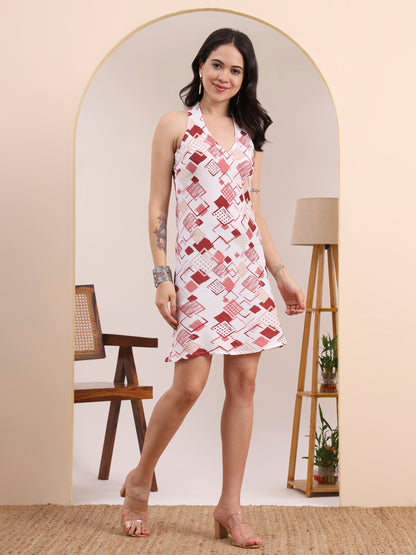 Yash Gallery Women’s Delta Fabric Geometric Print  Sleeveless A- Line Halter Neck Mini Dress (Blue)