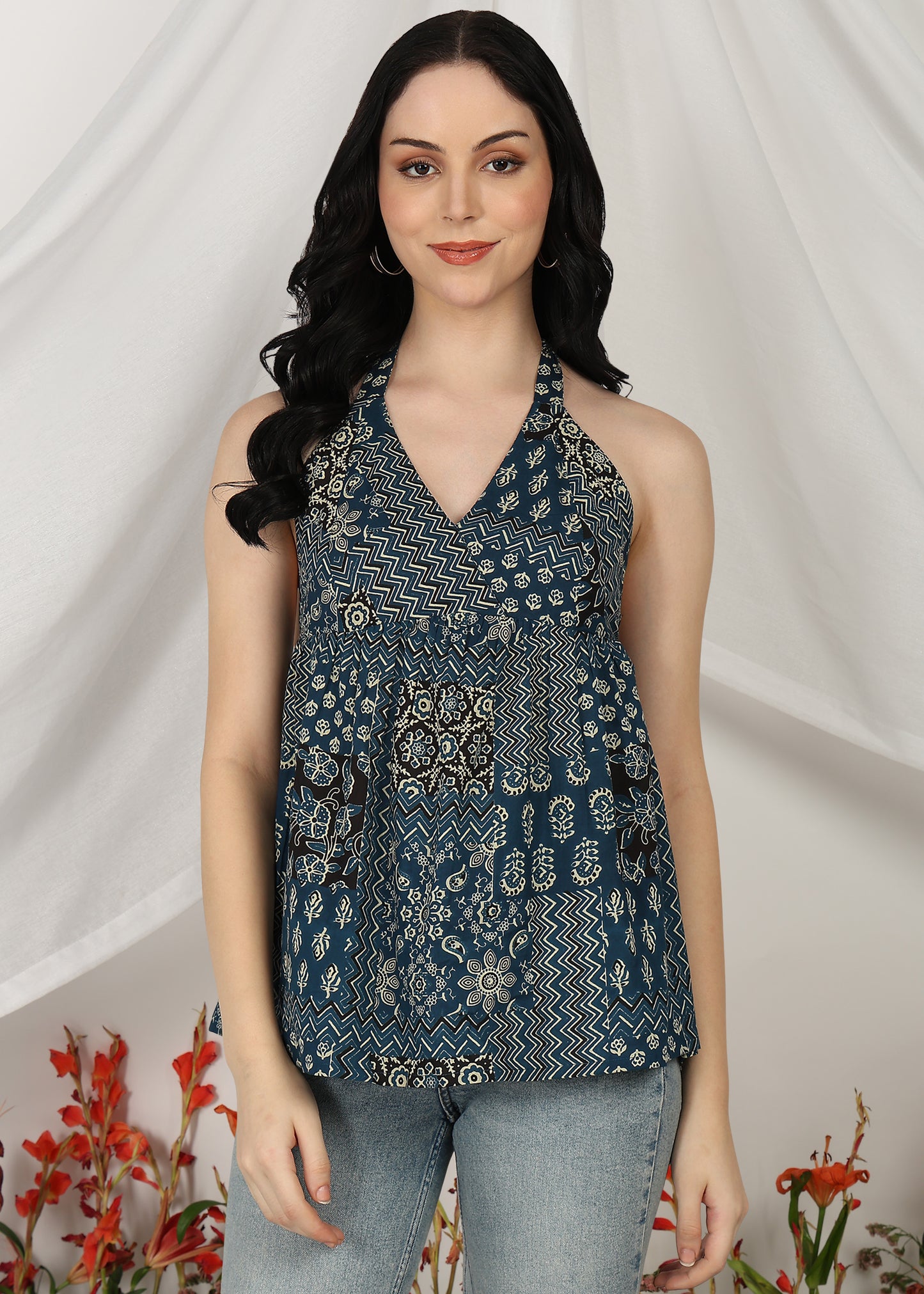 Yash Gallery Women's Casual Sleeveless Printed Women Blue Top