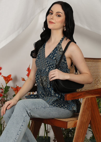 Yash Gallery Women's Casual Sleeveless Printed Women Blue Top