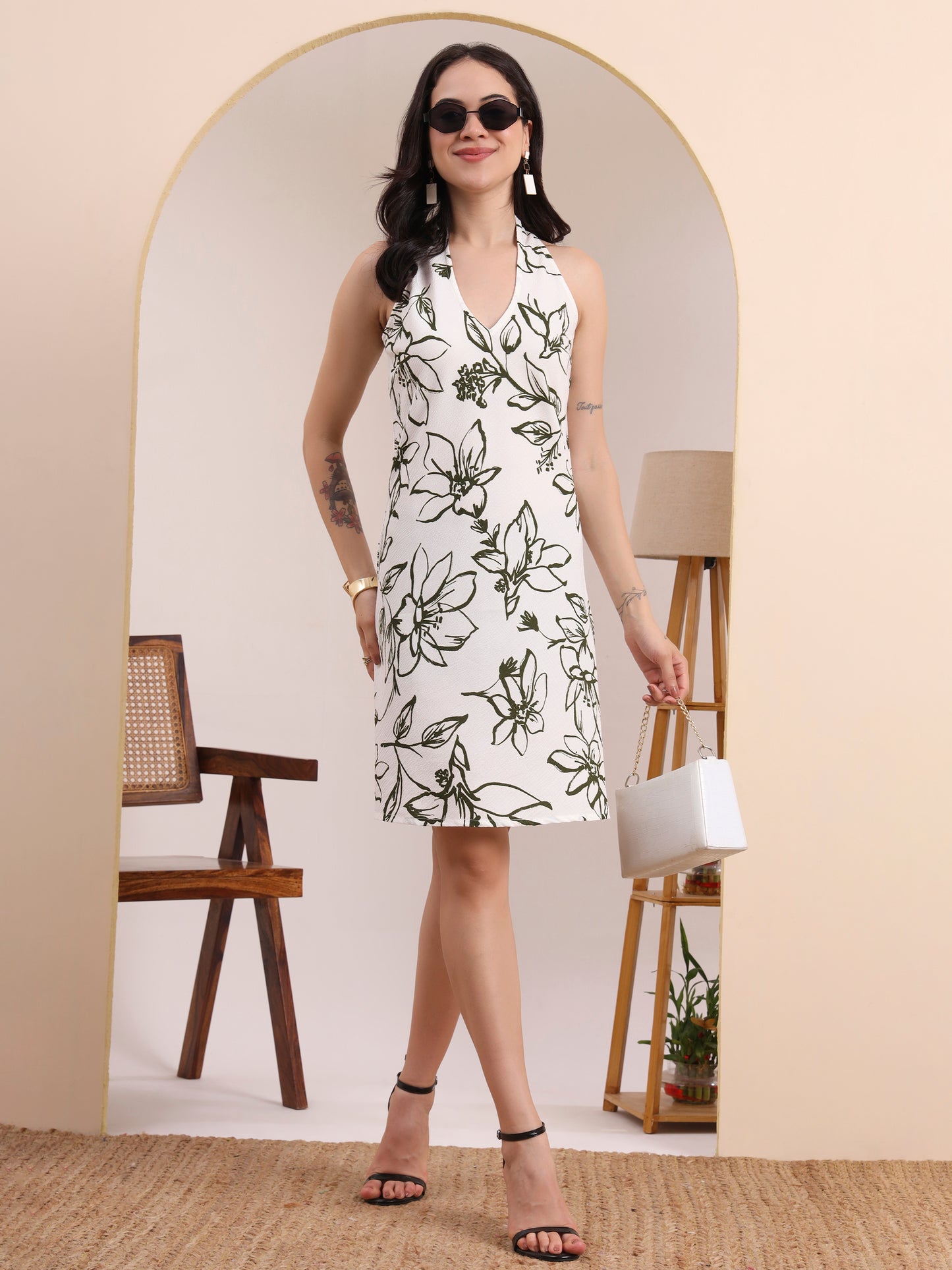 Yash Gallery Women’s Halter Neck Sleeveless A-Line Dress (Green)