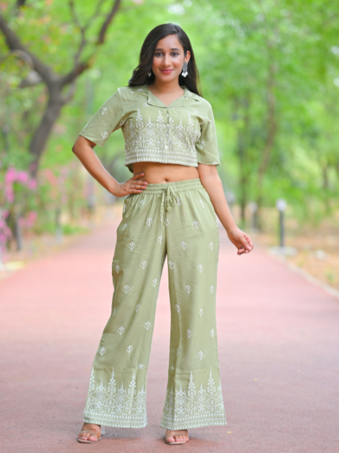 Yash Gallery Women’s Rayon Rubber Print Co-ord Set Collar Neck Shirt with Front Buttons & Pants (Green)