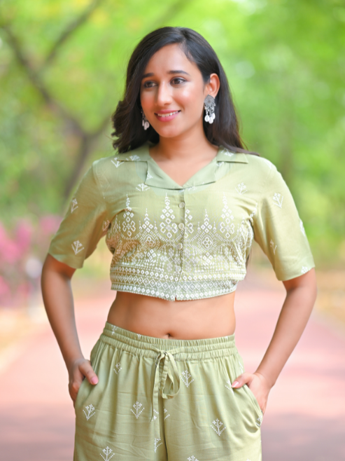 Yash Gallery Women’s Rayon Rubber Print Co-ord Set Collar Neck Shirt with Front Buttons & Pants (Green)