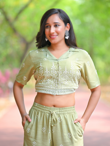 Yash Gallery Women’s Rayon Rubber Print Co-ord Set Collar Neck Shirt with Front Buttons & Pants (Green)