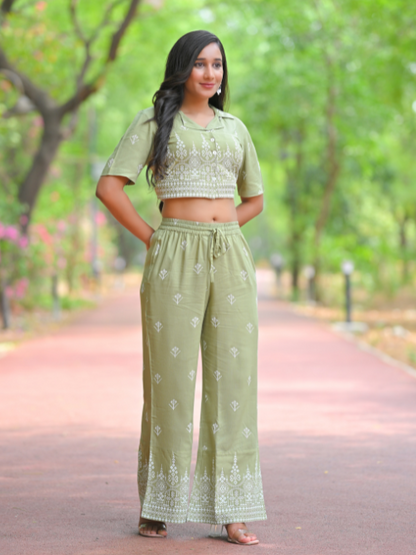 Yash Gallery Women’s Rayon Rubber Print Co-ord Set Collar Neck Shirt with Front Buttons & Pants (Green)