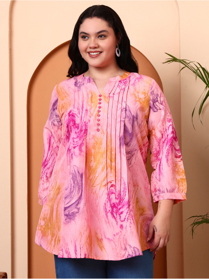 Yash Gallery Women’s Polyester Marble Print Short Kurti Mandarin Collar with Pintuck Pleats 3/4th Sleeve