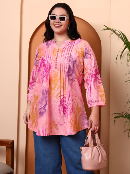 Yash Gallery Women’s Polyester Marble Print Short Kurti Mandarin Collar with Pintuck Pleats 3/4th Sleeve