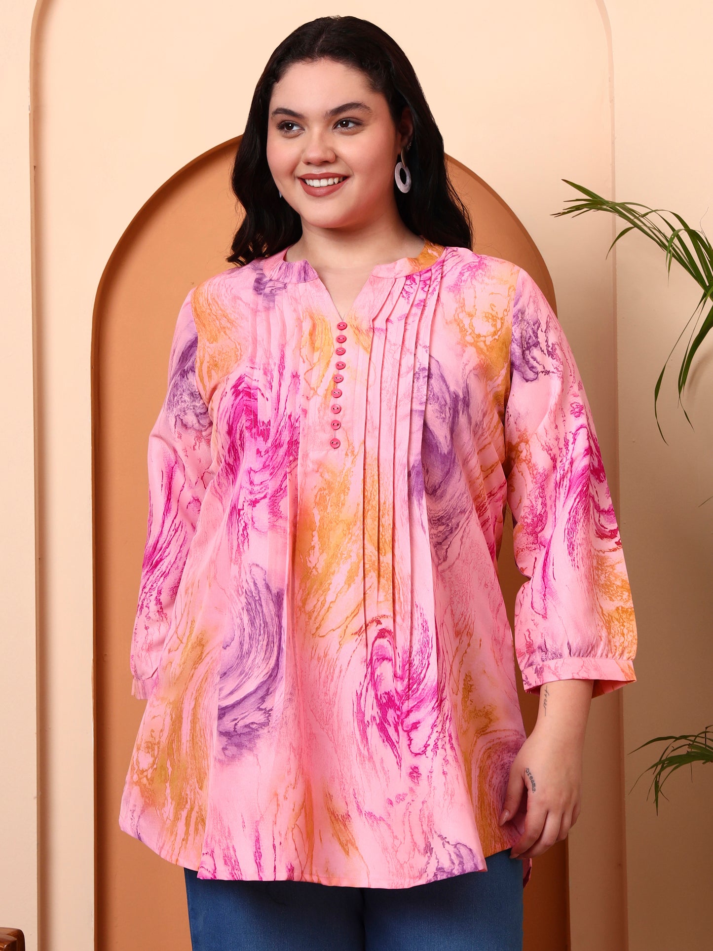 Yash Gallery Women’s Polyester Marble Print Kurti Mandarin Collar with Pintuck Pleats  3/4th Sleeve
