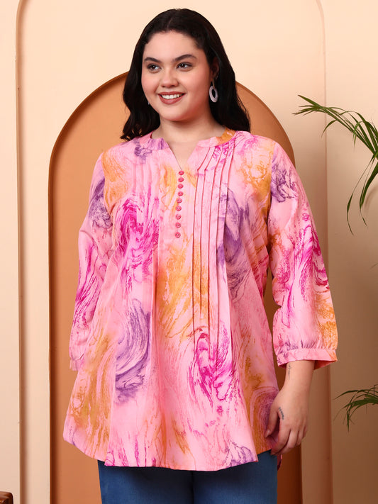 Yash Gallery Women’s Polyester Marble Print Kurti Mandarin Collar with Pintuck Pleats  3/4th Sleeve