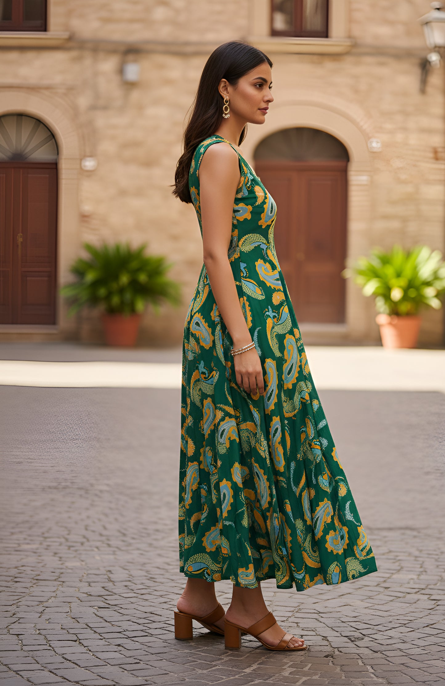 Yash Gallery Women’s Green A-Line Paisley Print Sleeveless Flared Midi Dress for Women