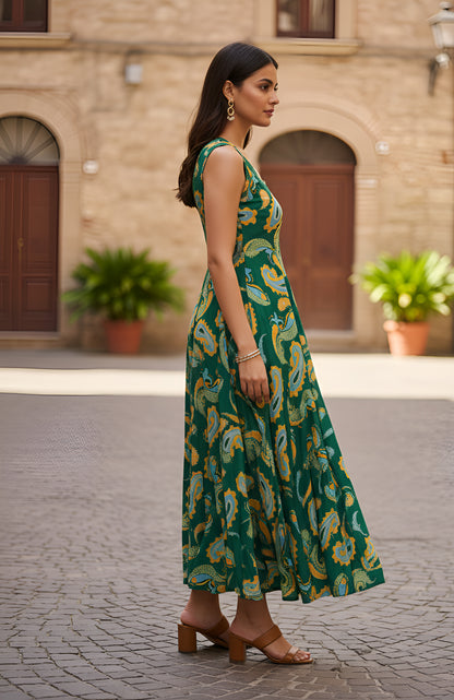 Yash Gallery Women’s Green A-Line Paisley Print Sleeveless Flared Midi Dress for Women