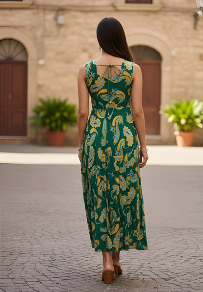 Yash Gallery Women’s Green A-Line Paisley Print Sleeveless Flared Midi Dress for Women