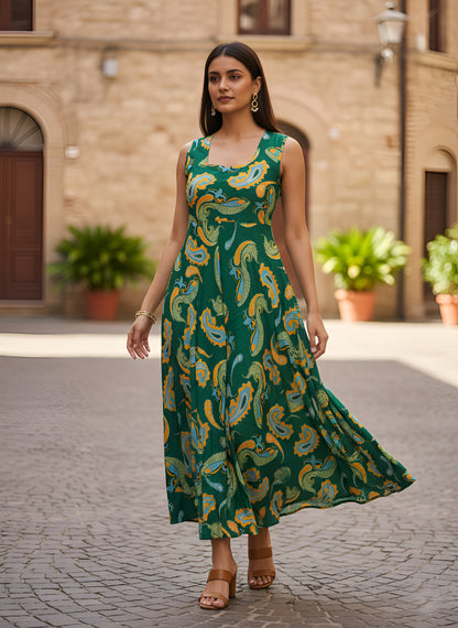 Yash Gallery Women’s Green A-Line Paisley Print Sleeveless Flared Midi Dress for Women