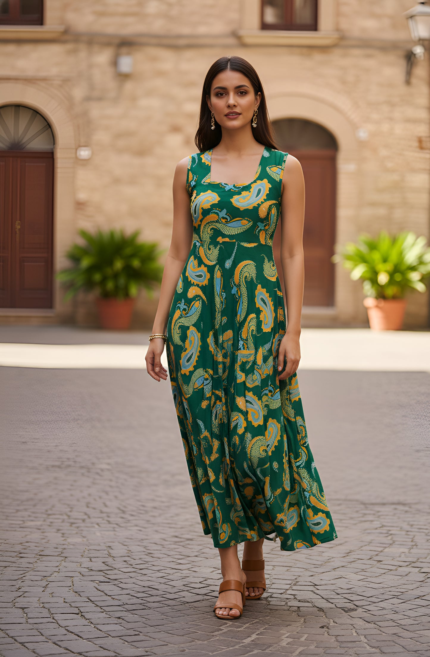 Yash Gallery Women’s Green A-Line Paisley Print Sleeveless Flared Midi Dress for Women