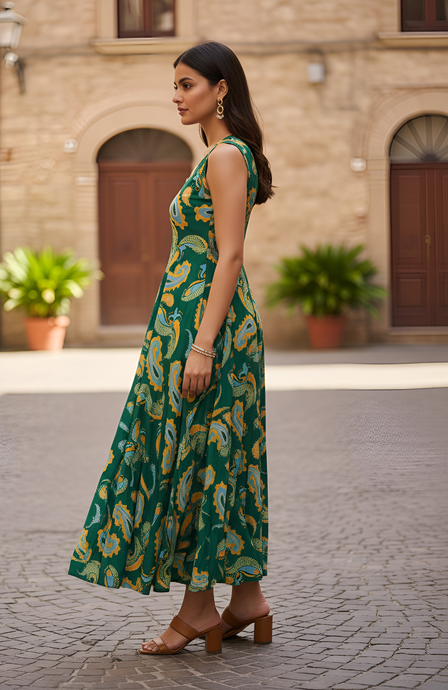 Yash Gallery Women’s Green A-Line Paisley Print Sleeveless Flared Midi Dress for Women