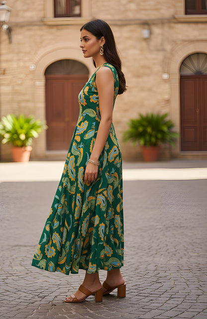 Yash Gallery Women’s Green A-Line Paisley Print Sleeveless Flared Midi Dress for Women