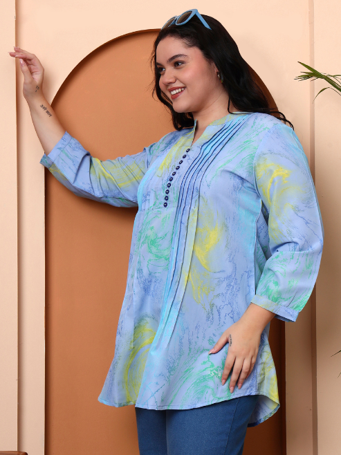 Yash Gallery Women’s Polyester Marble Print Short Kurti Mandarin Collar with Pintuck Pleats 3/4th Sleeve