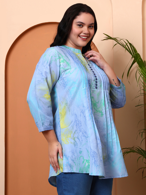 Yash Gallery Women’s Polyester Marble Print Short Kurti Mandarin Collar with Pintuck Pleats 3/4th Sleeve