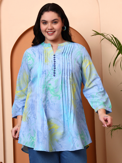 Yash Gallery Women’s Polyester Marble Print Short Kurti Mandarin Collar with Pintuck Pleats 3/4th Sleeve