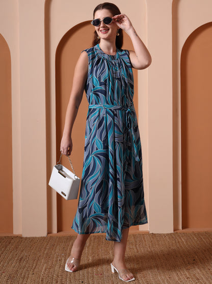 Yash Gallery Women’s Georgette Printed Midi Dress High Neck, Sleeveless, Waist Tie Belt, A-Line Flare (Navy Blue)