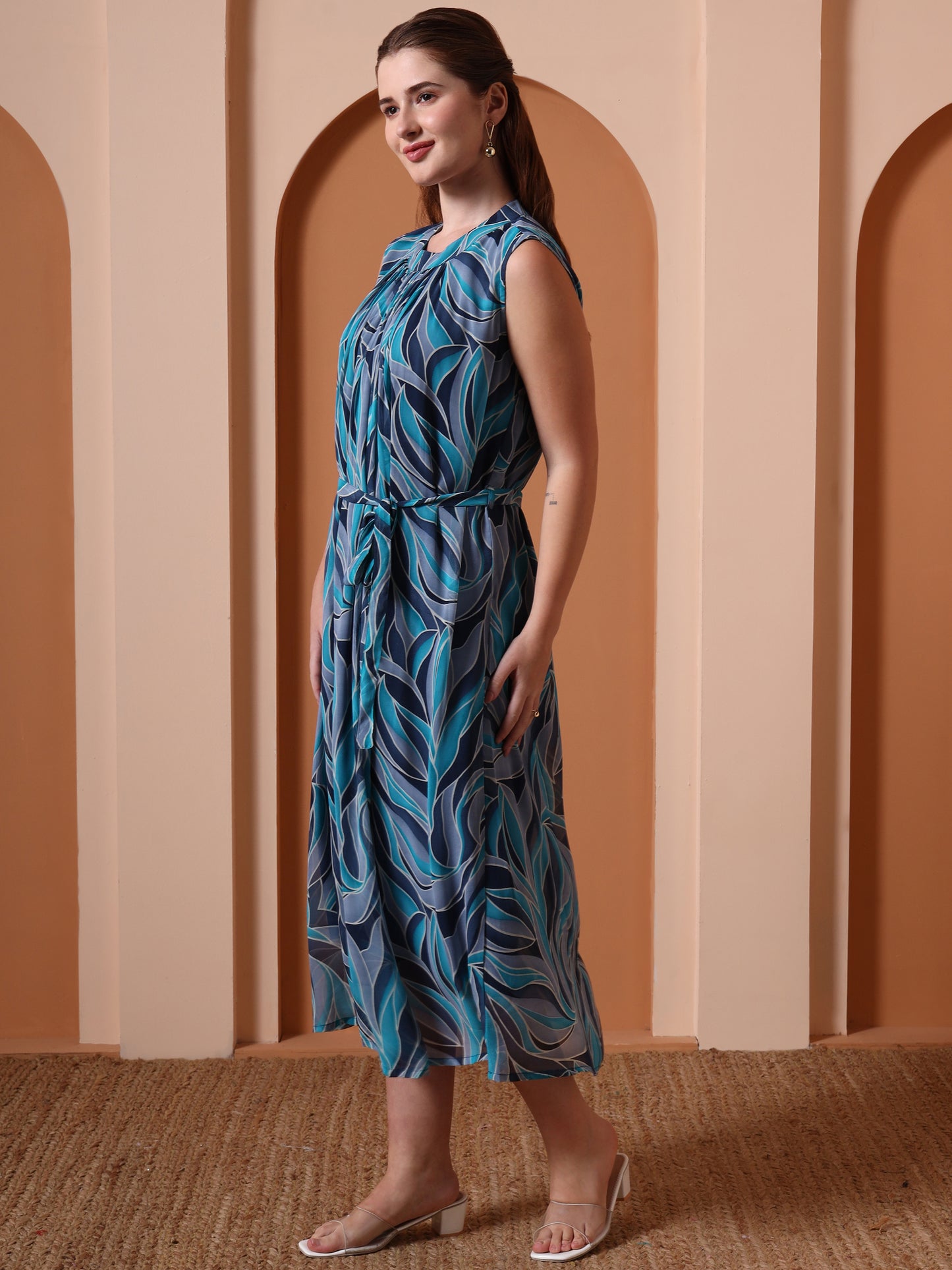 Yash Gallery Women’s Georgette Printed Midi Dress High Neck, Sleeveless, Waist Tie Belt, A-Line Flare (Navy Blue)