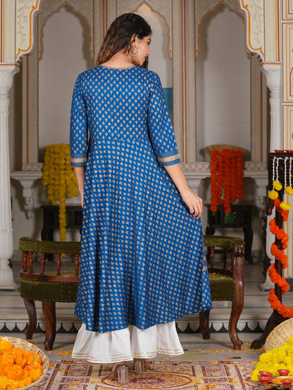 women rayon golden buti printed anarkali kurta blue