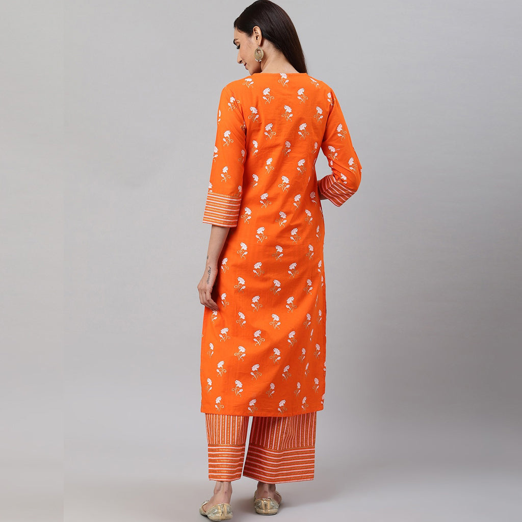 YASH GALLERY Women's Cotton Floral & Stripe Straight Kurta & Palazzo Set (Orange)