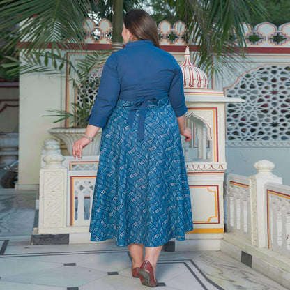 YASH GALLERY Women's Plus Size Blue Cotton Geometrical Printed Anarkali Dress(Blue)