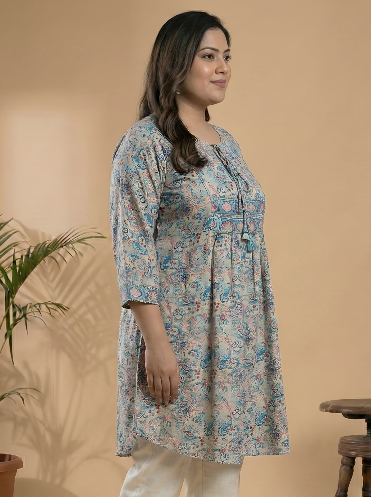Yash Gallery Women’s Microfiber Printed Short Kurta Tie-Up Keyhole Neck, 3/4 Sleeves (Multi)