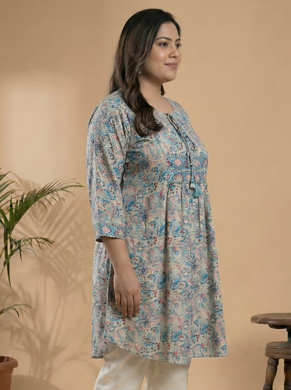 Yash Gallery Women’s Microfiber Printed Short Kurta Tie-Up Keyhole Neck, 3/4 Sleeves (Multi)