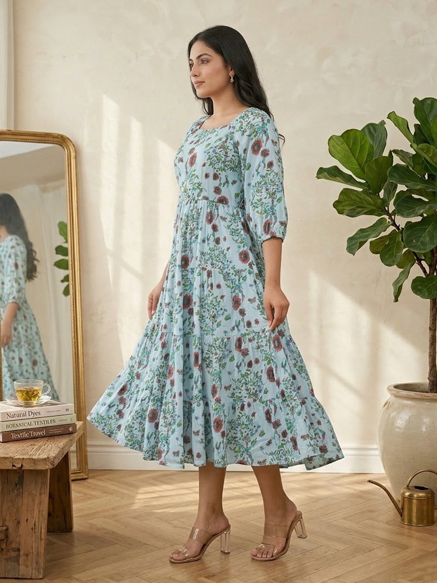 Yash Gallery Women's Rayon Floral Printed Square Neck 3/4th Sleeve Tiered Style Casual Maxi Dress