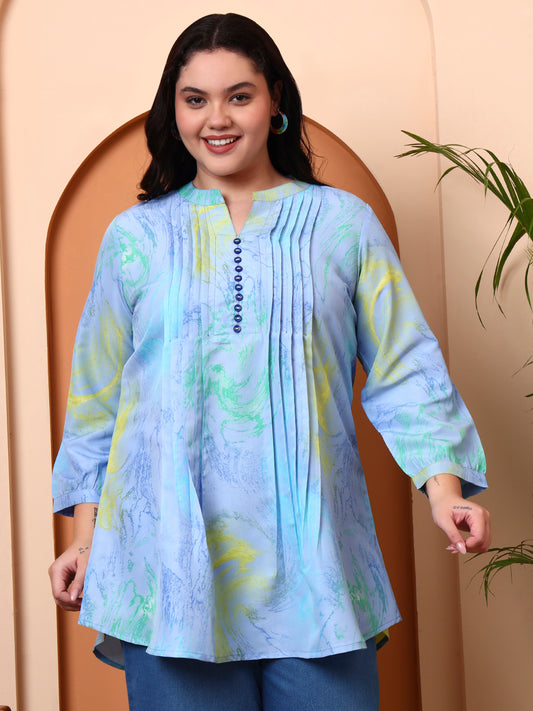 Yash Gallery Women’s Polyester Marble Print Kurti Mandarin Collar with Pintuck Pleats  3/4th Sleeve  (Blue)