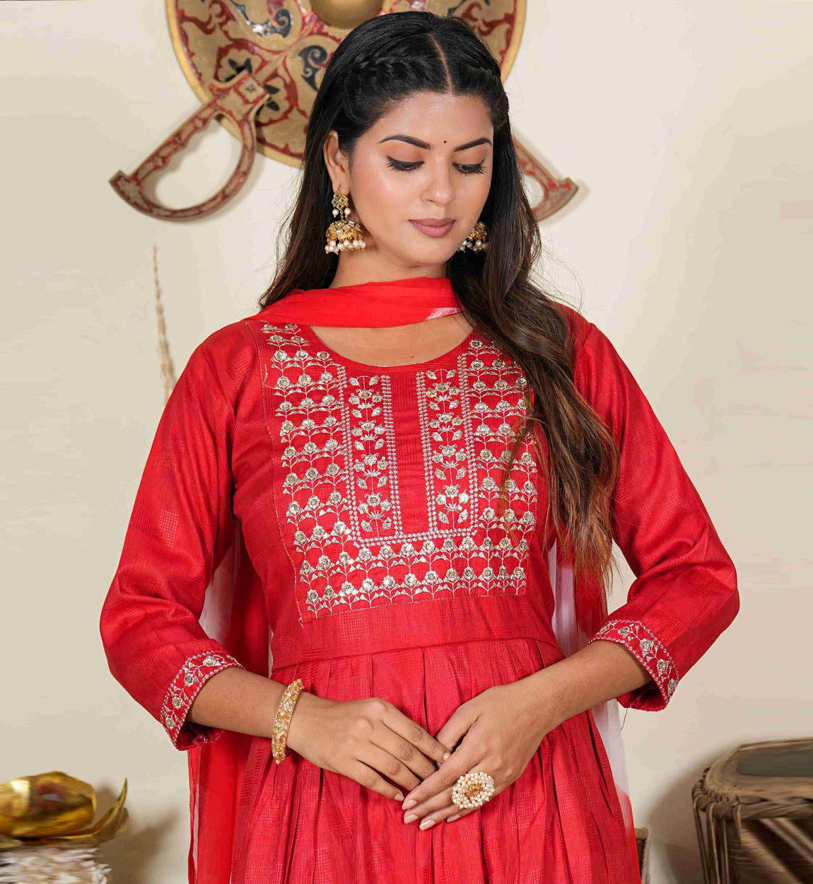 Bandhani Printed & Mirror Embroidered Straight Fit Kurta - Red – FASHOR