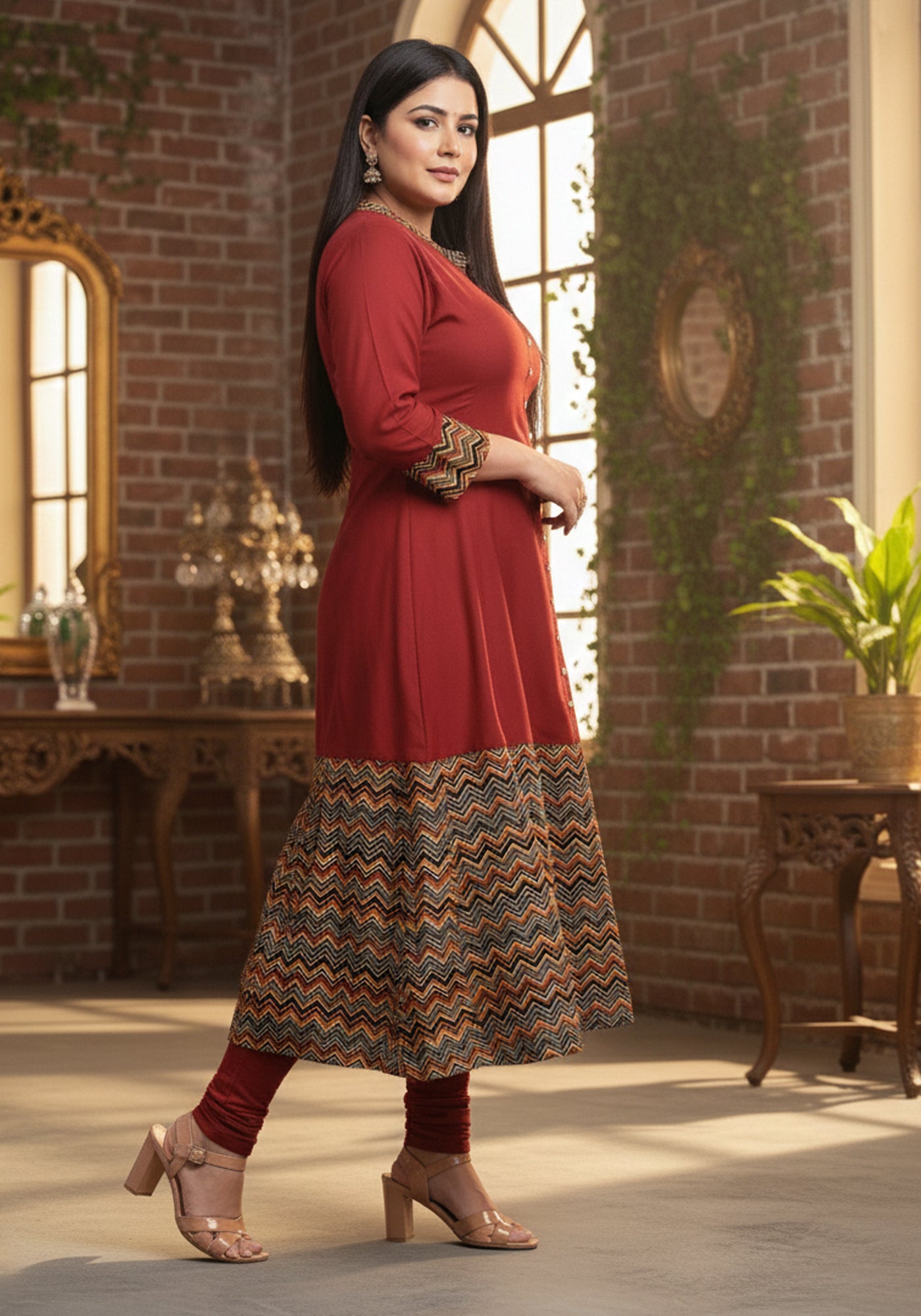 Rayon & Cotton Cambric Zig-Zag Printed A-line Kurta Plus Size
