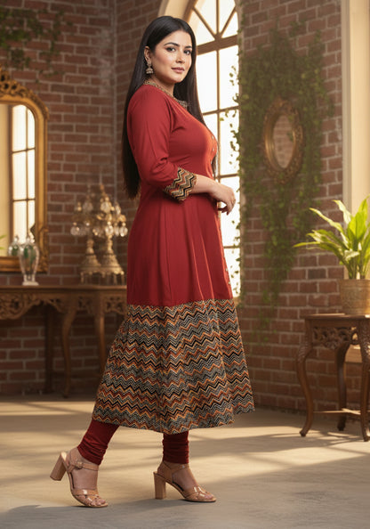 Rayon & Cotton Cambric Zig-Zag Printed A-line Kurta Plus Size