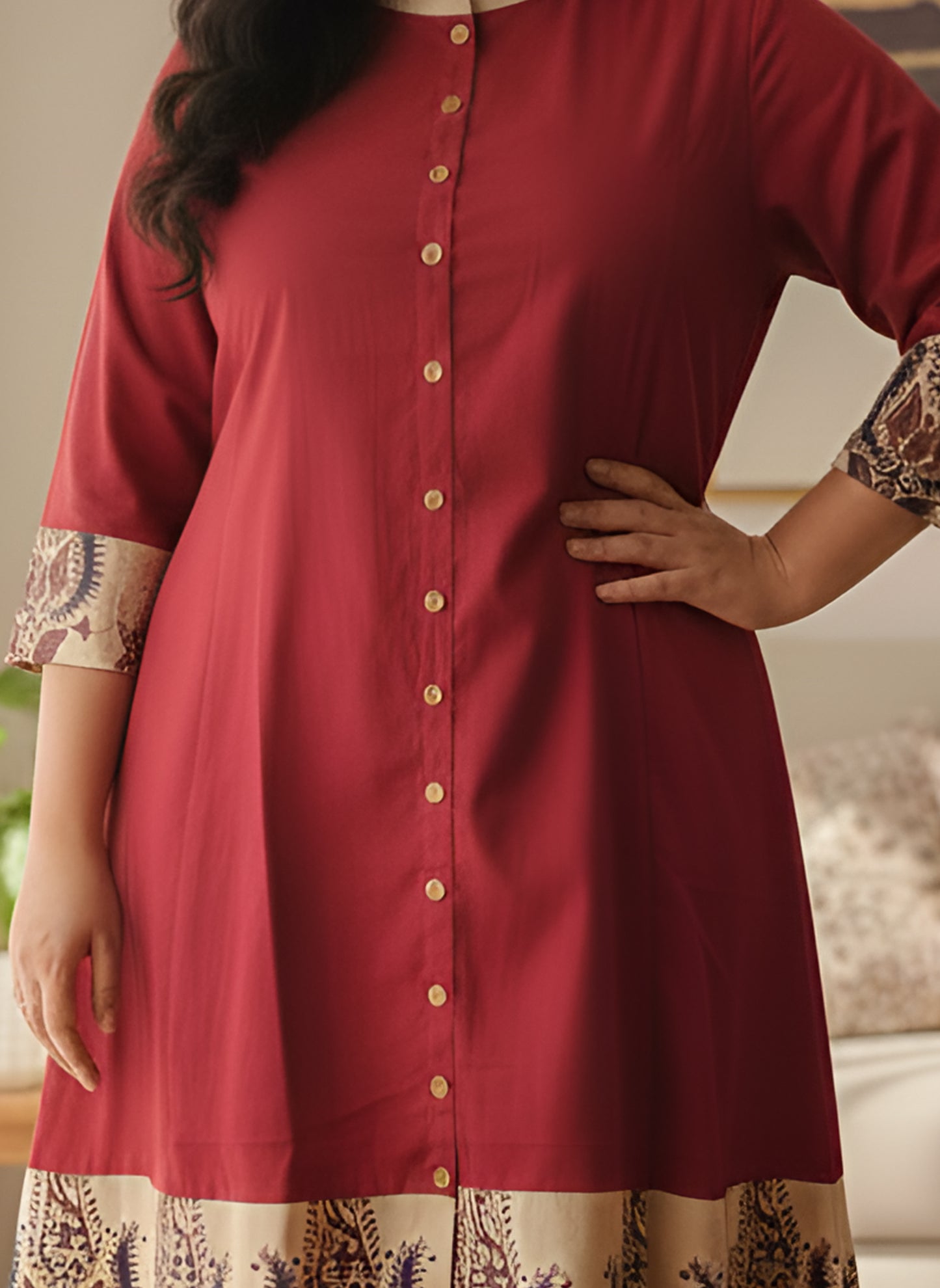 Yash Gallery Women Plus Size Cotton Buta Print A-Line Kurta (Maroon)
