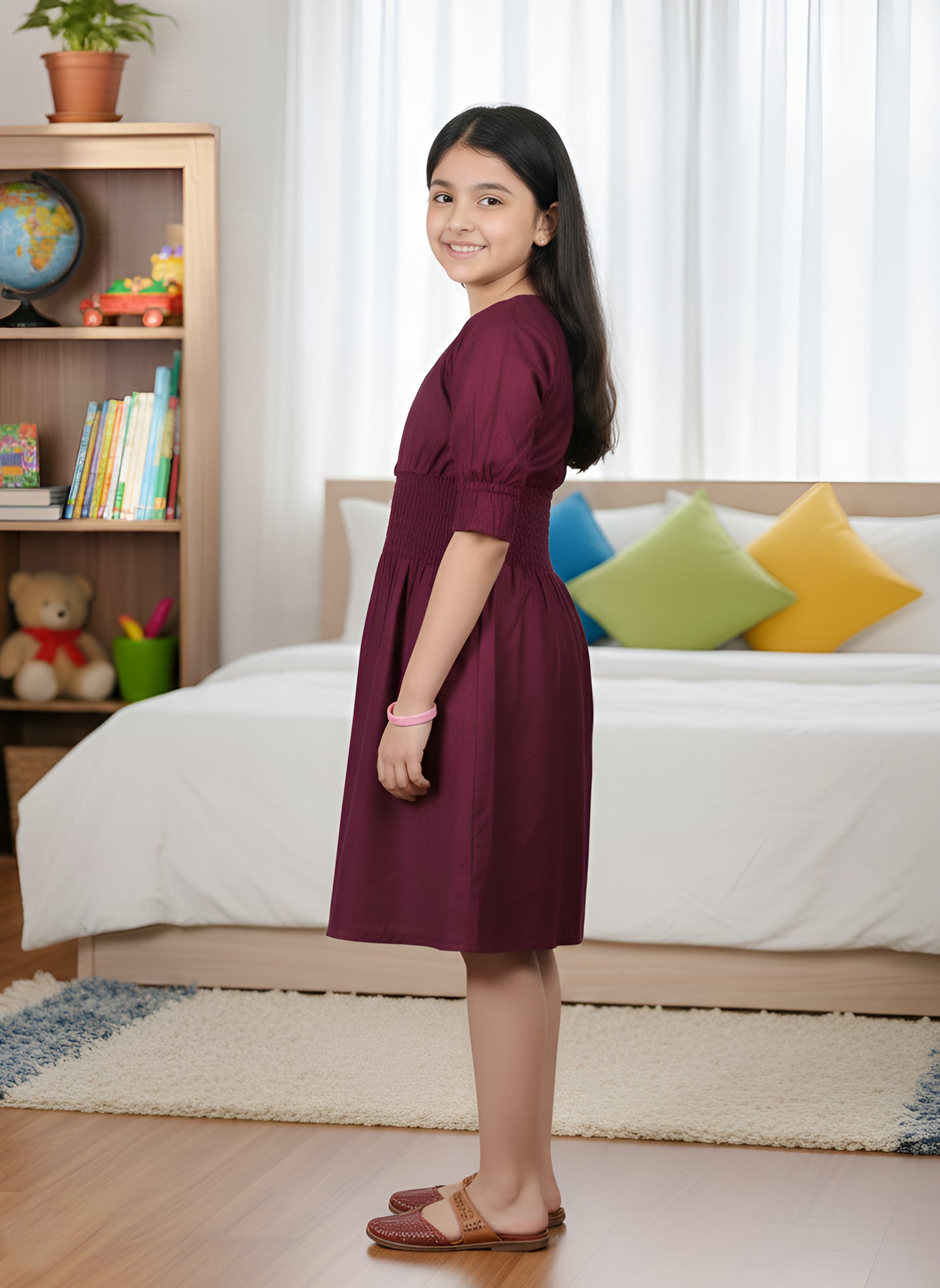 YASH GALLERY Kids Smoking Embroidery Dress (Maroon)