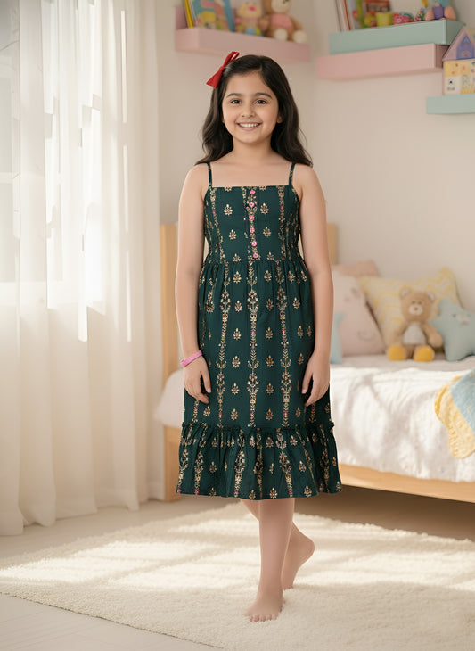 YASH GALLERY Kids Floral Printed Sleeveless Smoking Gathered Dress