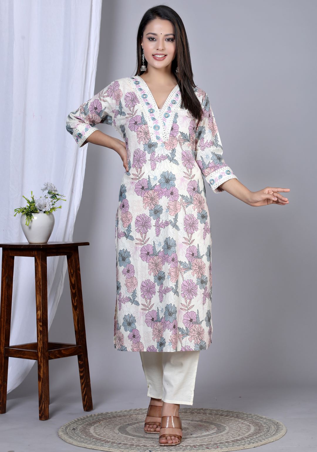 Yash Gallery Women's Floral Printed Embroidered Kurta with Pant & Dupatta Set