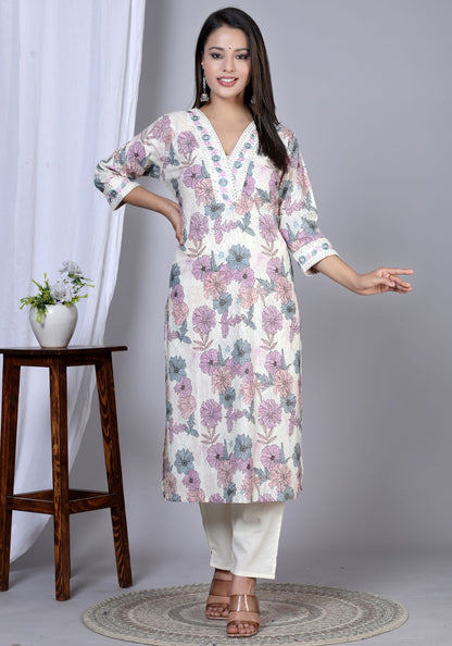 Yash Gallery Women's Floral Printed Embroidered Kurta with Pant & Dupatta Set