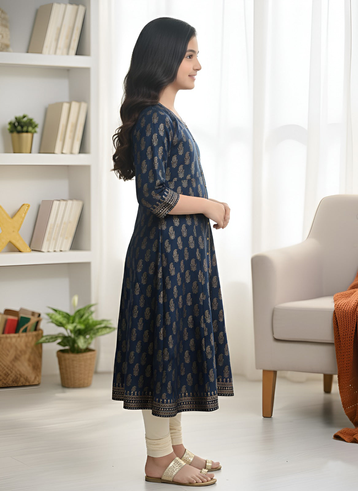 Yash Gallery Kid's Maxi Cotton Print Anarkali Dress (Blue)